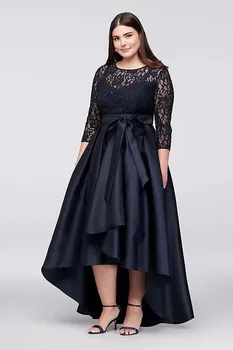 שחור בתוספת גודל גבוה נמוך שמלות לנשף חצי שרוולים צרופה תכשיט תחרה צוואר ערב מסיבת שמלות חלוק דה Soriee