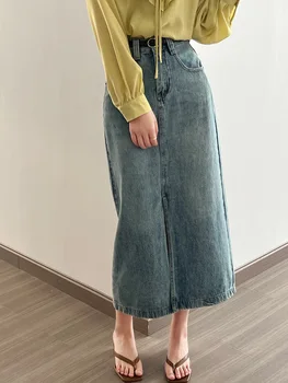 DASSWEI האופנה הכותנה גבוהה המותניים ג 'ינס חצאיות לנשים 2023 קיץ מזדמן קו קוריאנית Sytle פיצול Midi חצאית ג' ינס כיס OL