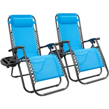 כוח המשיכה כיסאות פטיו כיסאות הדשא טרקלין כיסא פטיו סט של 2 עם כרית מחזיק כוסות רהיטי גן סט של 2 (כחול בהיר))