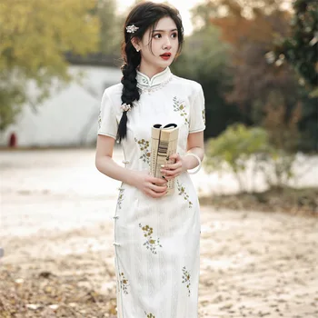 סקסית רקמה פרחונית קצרה שרוולים Cheongsam נערות צעירות סינית מנדרינית צווארון שיפון צ ' יפאו ערב המפלגה שמלת נשים