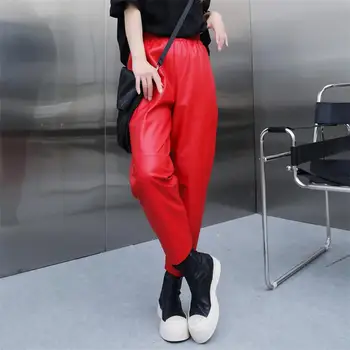 הארון המכנסיים נשים אביב סתיו אדום מקורי מכנסי עור אלסטי המותניים מכנסיים באורך קרסול עור כבש נסיעה מקרית המכנסיים