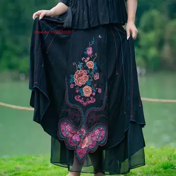 2023 סיני וינטאג', חצאית הלאומי פרח רקמה אלסטית במותניים חצאית רטרו מזרחי אתני חצאית סיני קו-פולק חצאית
