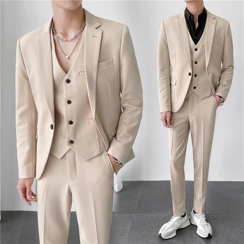 גברים מזדמנים החליפה מבושל בסגנון קוריאני סגנון סלים שלושה חלקים בצבע אחיד (בלייזר+ הז ' קט + מכנסיים)