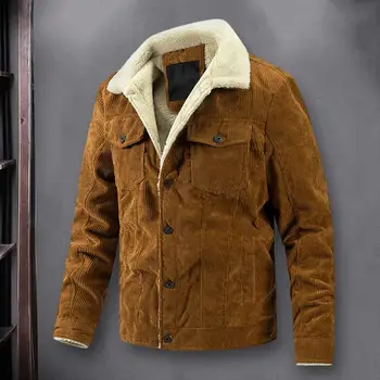 צבע מוצק מעיל וינטג ' קורדרוי דש מעיל החורף עם כיסים רזה מעובה חום עבור גברים שרוול ארוך מעיל מזדמן