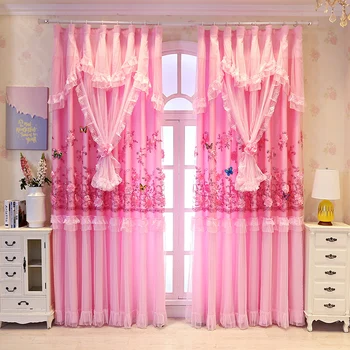 וילונות עבור חדר השינה ההכרה הנסיכה וילון לילדים בנות שכבה כפולה 3D פרחוני תחרה, וילון חלון הסלון החתונה