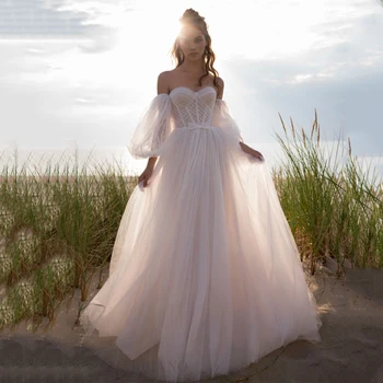 Eightree סקסי שמלות חתונה לבנה פאף שרוולים הכלה שמלה מתוקה טול קו נסיכת חתונה שמלות ערב גודל מותאם אישית