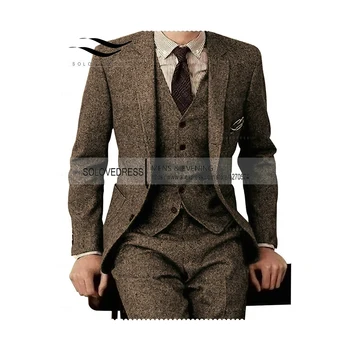 טוויד חום גברים חליפות 3 חלקים רשמית חליפת העסקים מותאם אישית מוגדר עדין-Mens החתן שמלת החתונה בלייזר מתאים(ז ' קט+מכנסיים+וסט)