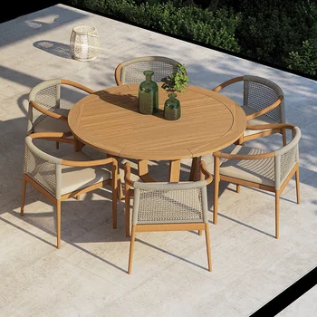 בחוץ חצר קש שולחן וכיסאות מודרני מינימליסטי שולחן עגול וילה מלון מודל בחדר ריהוט מעץ בשילוב