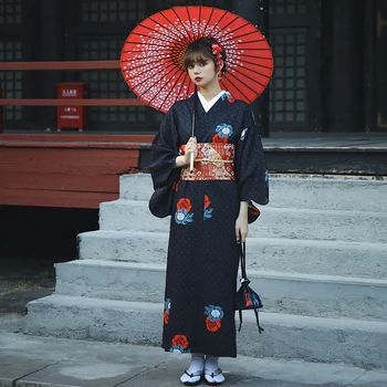 נשים יפניות המקורי יאקאטה שמלת קימונו מסורתי ביצועי ריקוד תלבושות צבע שחור שני גדלים