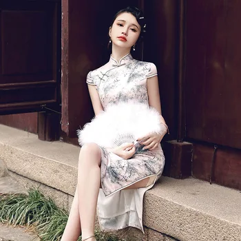 2023 קיץ אלגנטית עם שרוולים קצרים משי אמצע אורך סקסי Cheongsam הסינית סגנון ביצועים שמלת ערב צ ' יפאו לנשים מסיבה