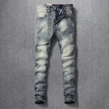 אופנה וינטג גברים ג 'ינס רטרו שטף כחול אלסטי נמתח Slim Fit ג' ינס קרועים גברים תוקנו מעצבים מזדמנים מכנסי ג ' ינס גבר