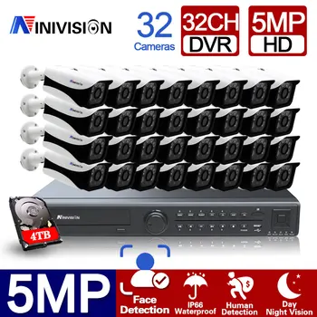 NINIVISION 32CH 5MP-N HD AI זיהוי פנים DVR הביתה אבטחה מערכת מצלמה 5MP חיצוני IP66 מצלמות מעקב במעגל סגור קיט