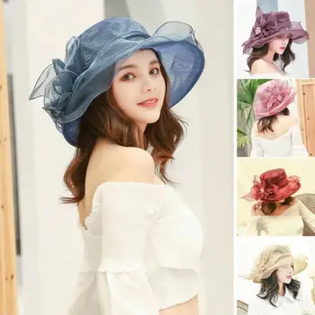 נשים כובע אלגנטי אורגנזה פרח כובע רחב שוליים לנשים שמש חיצונית חוף מתקפל בסגנון רטרו מסיבת אירועים