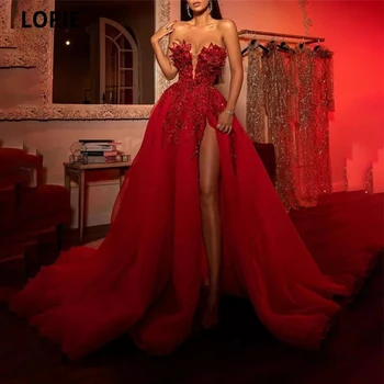 אדום אלגנטי זמן שמלת הנשף 2021 יוקרה ללא כתפיות בלי שרוולים נצנצים נוצצים פיצול טול שמלת נשף נשים ערב רשמי צד שמלות