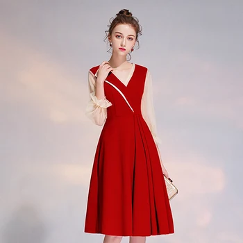 יין אדום משובח שמלה סקסי תחרה השרוול V-צוואר האירוסין שמלת אופנה יומית לחיים בגדים צרפתי שמלות קוקטייל