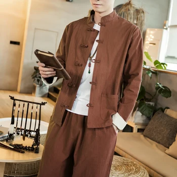 בסגנון סיני סתיו חורף טאנג חליפת ז ' קט חליפה של גבר יפני בסגנון קימונו בתוספת גודל Hanfu גברים עליון + מכנסיים שתי חתיכת קבוצה