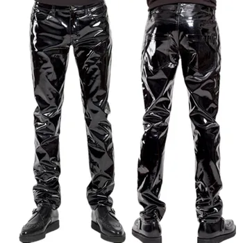 מבריק PVC לטקס מכנסיים גברים אופנוע שחור Mens אופנה מכנסיים דמוי עור לרכב עמיד למים מנוע אופנוען זכר רחוב המכנסיים