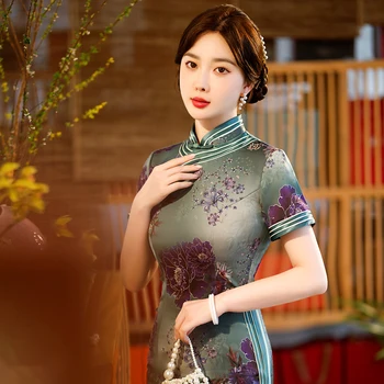 Yourqipao הקיץ בעמידה צווארון ארוך Cheongsam מודפס עם חזה אלגנטי שיפור צ ' יפאו בסגנון סיני שמלת ערב לנשים