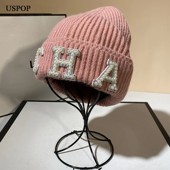 USPOP חדש כובעי חורף לנשים עבה חם סרוגים Skullies כובעים פרל מכתב צ ' ה רך כובעים