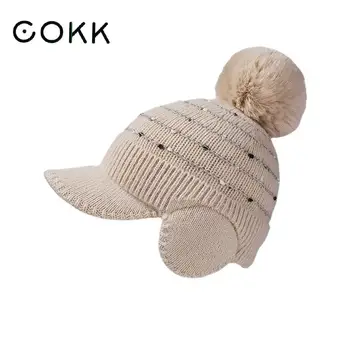 COKK כובע בייסבול כובעי חורף לנשים האוזן הגנה מעובה חם ארנב פרווה פונפון סריגה ביני עצם Gorro Casquette חדש