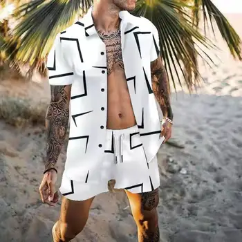 גברים 2 ערכות קטע הוואי שרוול קצר חולצות + מכנסיים קצרים בקיץ החוף מזדמנים החולצה להגדיר זכר רופף פרחוני אופנה החג חליפות