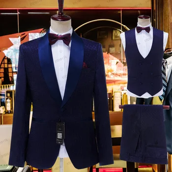 SILIWEYA חדש אופנה צעיף דש חתונה, חליפות לגברים כחול מרקם השושבינים הטוב ביותר של האדם חליפות 3 Peices (ז ' קט+מכנסיים+וסט)