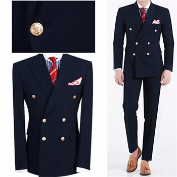הרכש החדש חליפות גברים אופנה אנגליה סגנון שיא דש כפול עם חזה בלייזר החתונה עסקים טוקסידו 2 חתיכה Slim Fit החליפה להגדיר