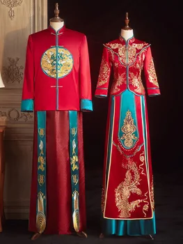 הסגנון הסיני המסורתי הכלה החתן לבוש שמלת החתונה דרקון אדום פניקס רקמה Cheongsam שמלת ערב החלוק