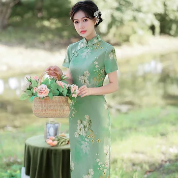 2023 האביב הרענן נשי ירוק אירועים Cheongsam אלגנטי אופנה בסגנון סיני ביצועים שמלת ערב צ ' יפאו לנשים