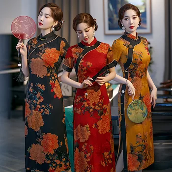 המסורתית לקראת מנדרין צווארון שרוול קצר מודפס Cheongsam סאטן נשים סינית חתונה בסגנון Aodai צ ' יפאו השמלה