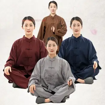 2023 סינית מסורתית הבודהיסטית בגדים מדיטציה זן החליפה הלאומי תה שירות hanfu חולצות+מכנסיים סט רטרו מזרחי יוגה להגדיר