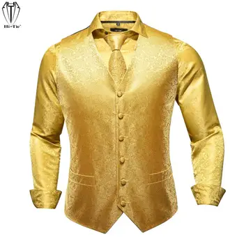 היי-עניבת משי Mens גופיות חולצות להגדיר ז 'קארד זהב פייזלי הז' קט חולצה עניבה Hankerchief חפתים לגברים החתונה עסקים