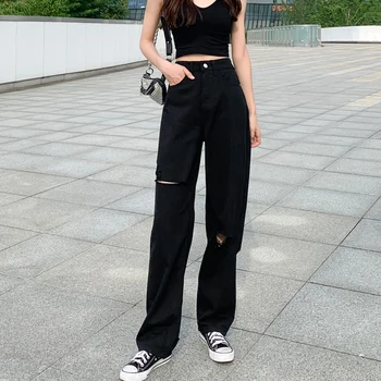 נשים רחב הרגל היפ-הופ שוטפים בציר קיץ סטריט ג ' ינס חורים שחורים שיק מנופחים S-5XL Oversize Harajuku מזדמנים מכנסיים