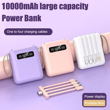 10000mAh מיני נייד כוח בנק מטען מהיר עם 4 כבלים חיצוני סוללה עבור IPhone 14 13 Xiaomi Samsung Powerbank